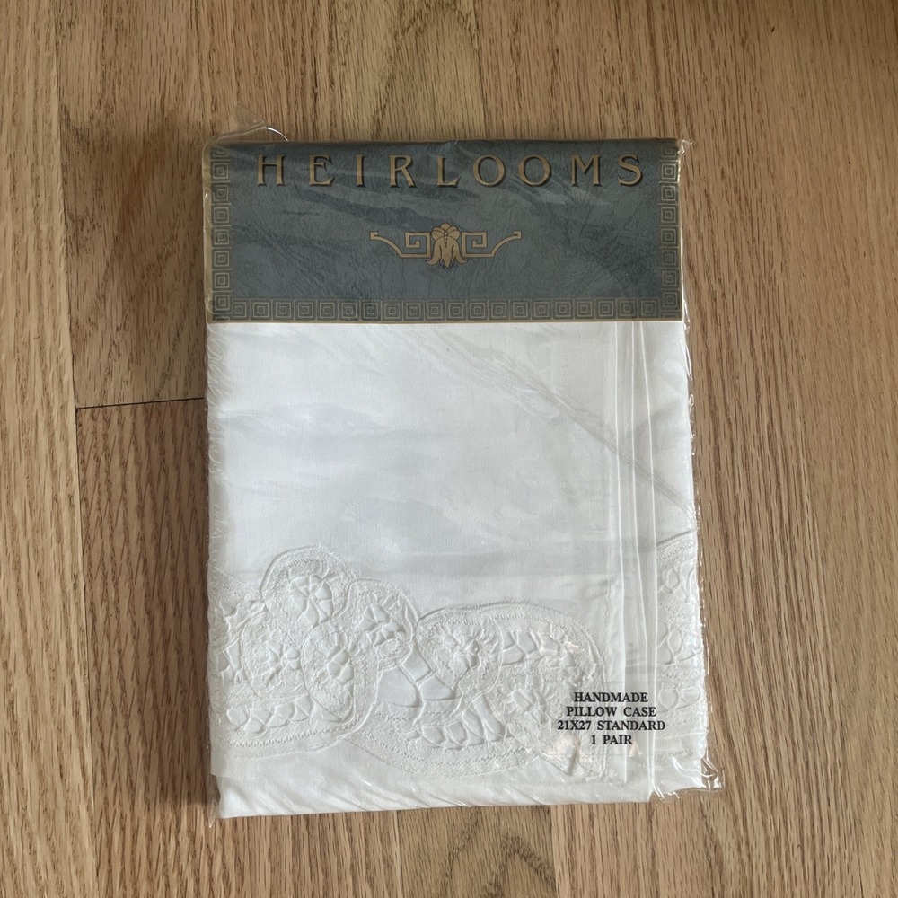 Vtg Heirlooms White Battenburg Lace Pillowcase Pair 21x27 NIP NOS 100% Cotton